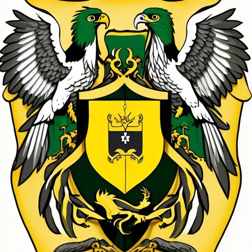 Prompt: a coat of arms in the colors yellow green and black with a white hawk and an oaktree
