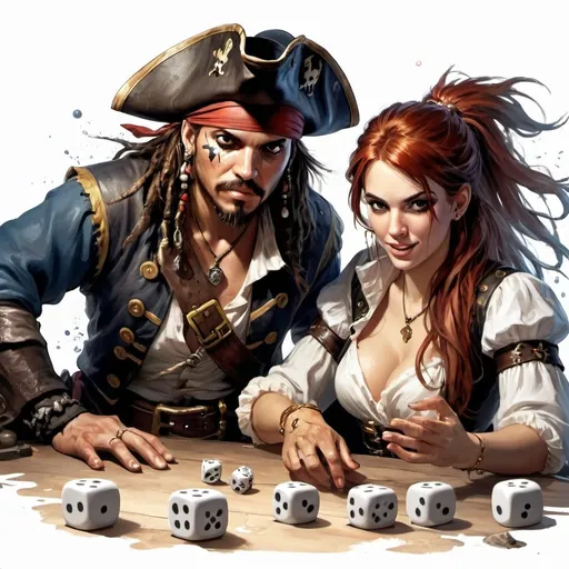 Prompt: Splash art of a male and a female different pirate crew members playing dice, male and female, heroic fantasy art, white background,