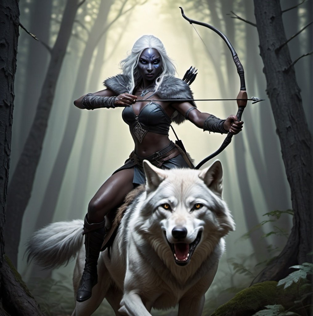 Prompt: Heroic fantasy art of a drow riding a gray wolf through the forest wielding a bow and arrow, highly detailed face, action pose, realistic fur, warrior pose, highly detailed fur, atmospheric lighting.
