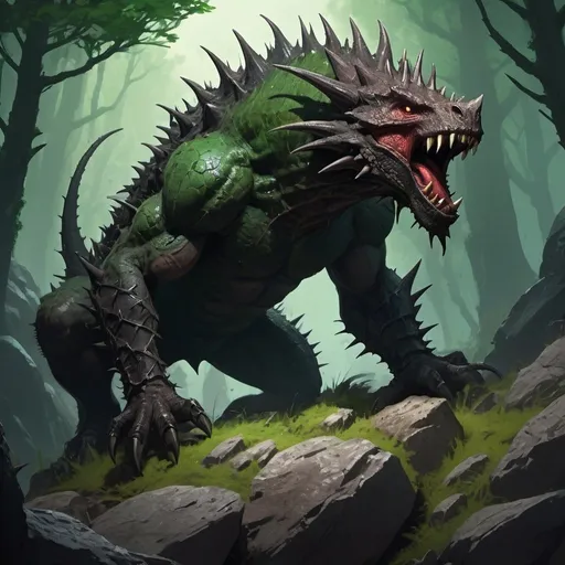 Prompt: Splash art of a massive dark colored thorny beast with a lizard head standing on a rocky promontory in a green forest, action pose, action, spines, thorns, fangs, fast, heroic fantasy, medieval scene, creature concept art, atmospheric lighting.
