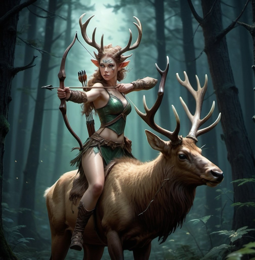 Prompt: Heroic fantasy art of a female faun riding an elk through a dark forest at night wielding a bow and arrow, highly detailed face, highres, green, cleavage, atmospheric lighting, character concept art.
