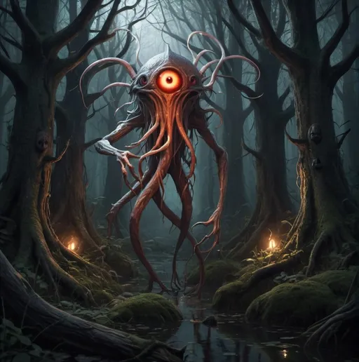 Prompt: Heroic fantasy art of a dark medieval forest scene with a floating creature with eyes at the end of stalks, creature concept art, atmospheric lighting. 
