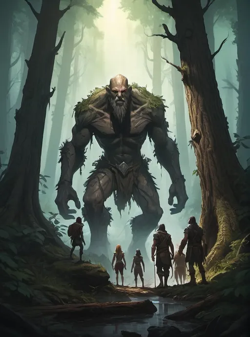 Prompt: Splash art of four adventurers encountering a skinny Giant in the woods, heroic fantasy art, highly detailed, action, action poses, atmospheric lighting,
