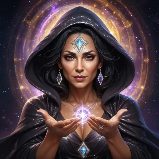 Prompt: Splash art of the middle-aged Latina goddess of illusion and magic wearing a hood, cosmic, dark, mysterious, powerful, smirk, eyebrow raised, medium skin, magical mana swirling, hood, crystals, highly detailed face, heroic fantasy, atmospheric lighting,
