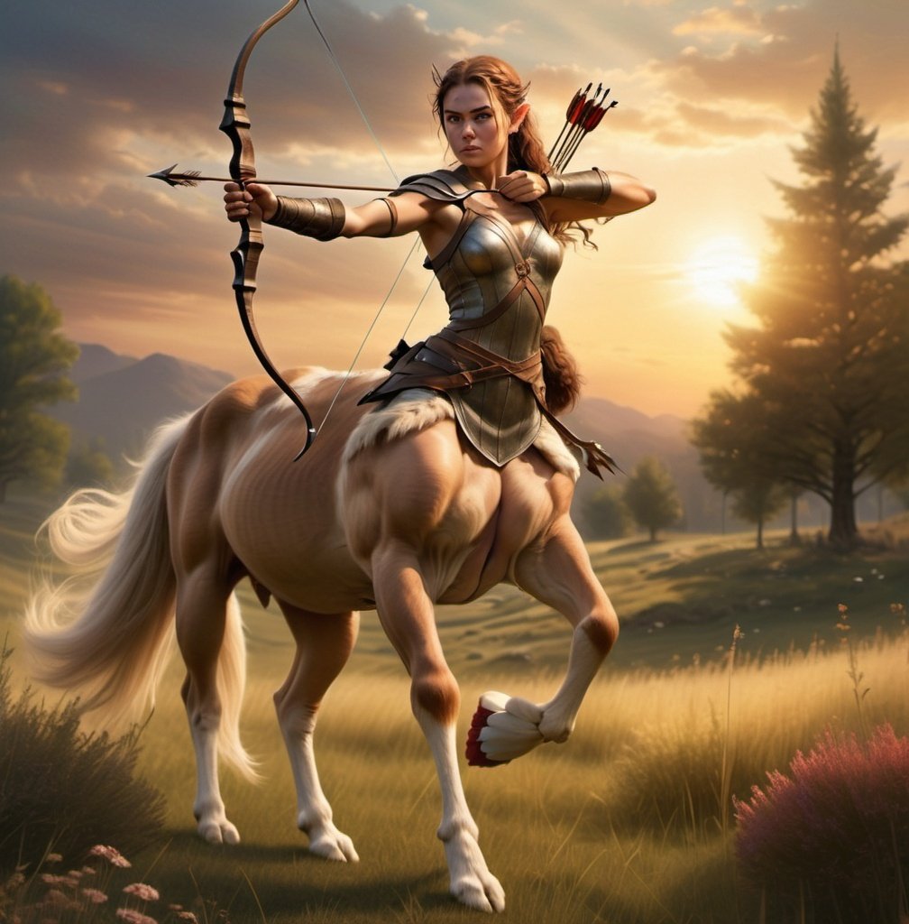 Prompt: Heroic fantasy art of a female centaur standing in an action pose wielding a bow and arrow in a meadow during sunset, centaur photorealistic, highly detailed face, female, highly detailed face, fierce, focused, bow and arrow, medieval fantasy scene, heroic pose, highly detailed face, fighting stance, sword, photorealistic, atmospheric lighting.