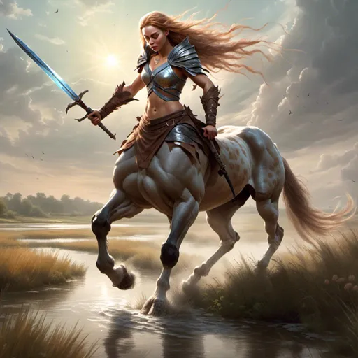 Prompt: Heroic fantasy art of <mymodel> wielding a sword while trotting across a marsh, atmospheric lighting.