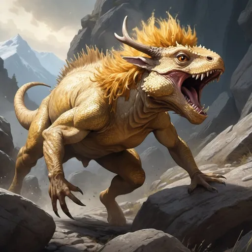 Prompt: Splash art of a golden hairy lizard with an elk face running on a rocky hillside, action pose, action, fast, heroic fantasy, medieval scene, atmospheric lighting.
