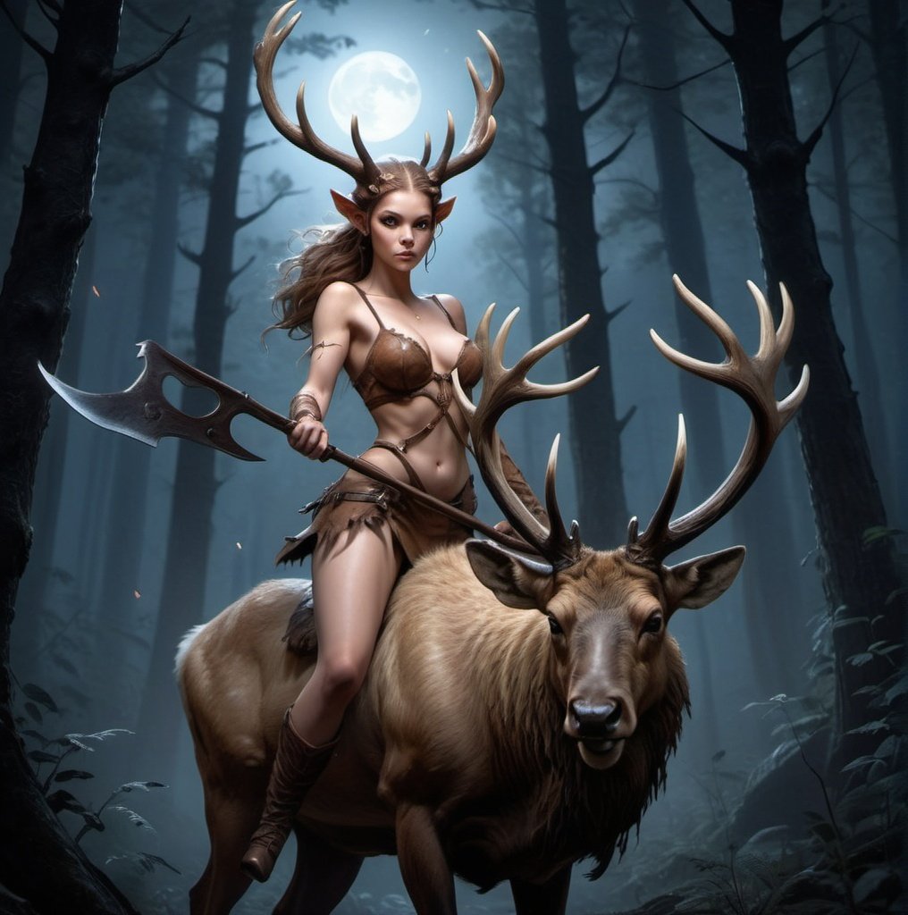 Prompt: Heroic fantasy art of a female faun riding an elk through a dark forest at night wielding a bardiche, highly detailed face, highres, cleavage, atmospheric lighting, character concept art.
