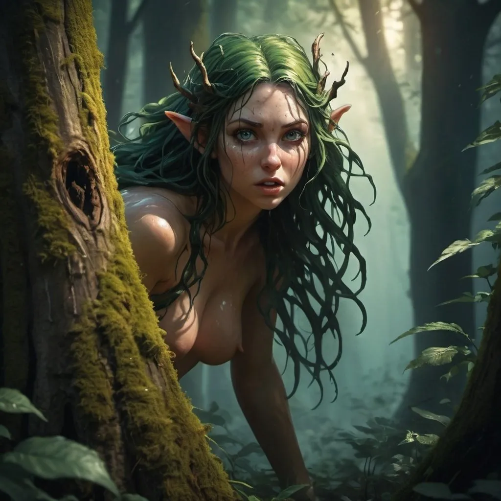 Prompt: Splash art of a Nymph in a thick forest peering out from behind a tree, action pose, heroic fantasy, medieval scene, creature concept art, atmospheric lighting.
