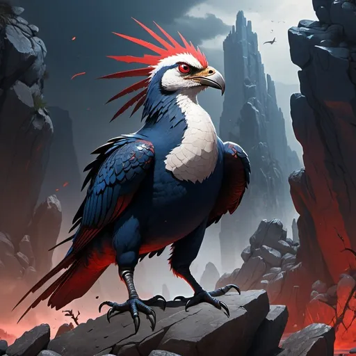 Prompt: Splash art of a massive dark blue red and white bird with a lizard head standing on a rocky promontory, action pose, action, a medieval warrior nearby for scale, spines, thorns, fangs, fast, heroic fantasy, medieval scene, creature concept art, atmospheric lighting.
