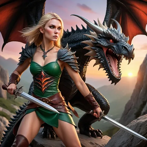 Prompt: Heroic fantasy art of a massive fierce black dragon with two reddish wings standing behind a fierce female elf adventurer with a highly detailed face wielding a sword and standing in an action pose in a rocky valley at sunset, photorealistic, leather pants, highly detailed face, roaring, fierce, two wings, focused, stern, medieval fantasy scene, dominant, green leather pants, colorful clothes, blond hair, face paint, lupine flowers, heroic pose, highly detailed face, fighting stance, sword, sunset, photorealistic, atmospheric lighting.