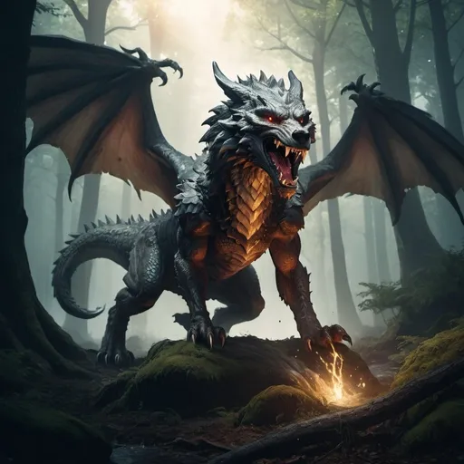 Prompt: Splash art of a wingless dragon with a wolf head in a forest, heroic fantasy, medieval scene, creature concept art, atmospheric lighting.
