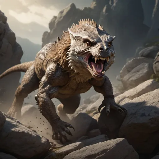 Prompt: Splash art of a brown hairy lizard with a wolf face running on a rocky hillside, action pose, action, fast, heroic fantasy, medieval scene, atmospheric lighting.
