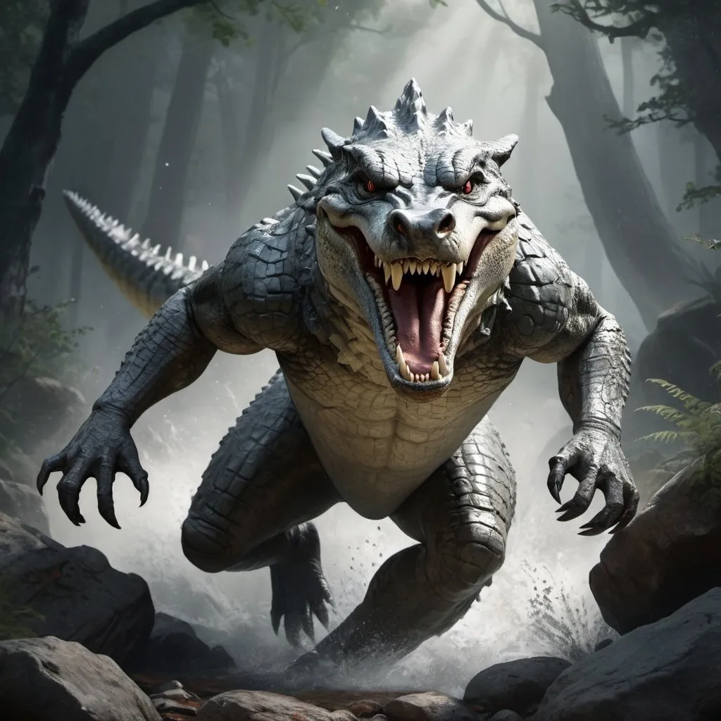 Prompt: Splash art of a gray crocodile with a wolf face running through a rocky forest, action pose, action, fast, heroic fantasy, medieval scene, creature concept art, atmospheric lighting.
