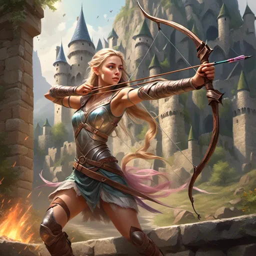 Prompt: <mymodel> wielding a bow and arrow at a castle gate.