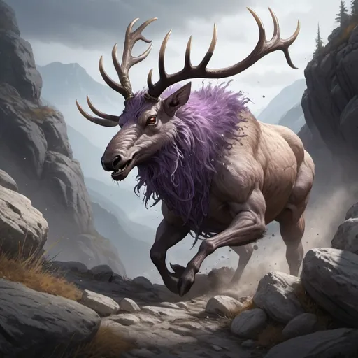 Prompt: Splash art of a purplish gray hairy worm with an elk face running on a rocky hillside, action pose, action, fast, heroic fantasy, medieval scene, creature concept art, atmospheric lighting.

