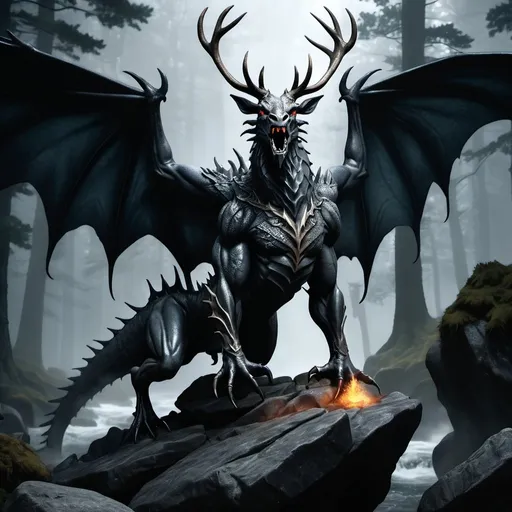Prompt: Splash art of a dark gray dragon body with a stag head standing on a rocky promontory in a dark forest, action pose, action, fangs, fast, heroic fantasy, medieval scene, creature concept art, atmospheric lighting.
