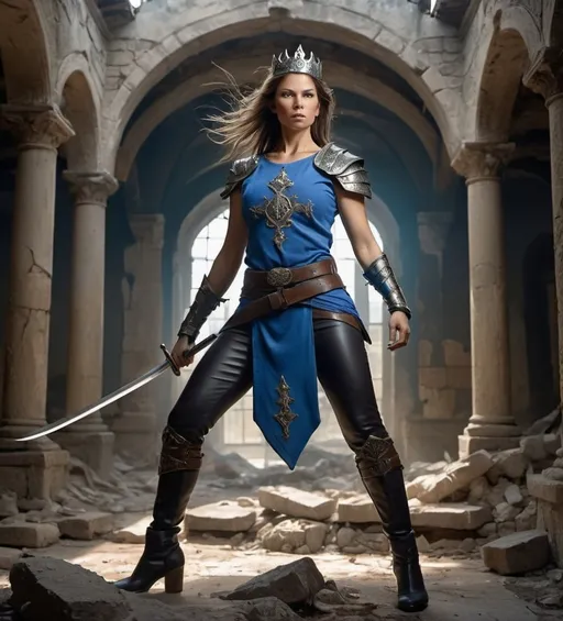 Prompt: Splash art of a thin strong middle-aged warrior woman wearing blue tunic black leather pants small crown and wielding two curved swords standing in a ruin, embroidered symbol on tunic, black leather pants, blue tunic, small crown, armor, brown leather belts, queenly, epic, warrior pose, action pose, regal, action, highly detailed face, heroic fantasy, atmospheric lighting,
