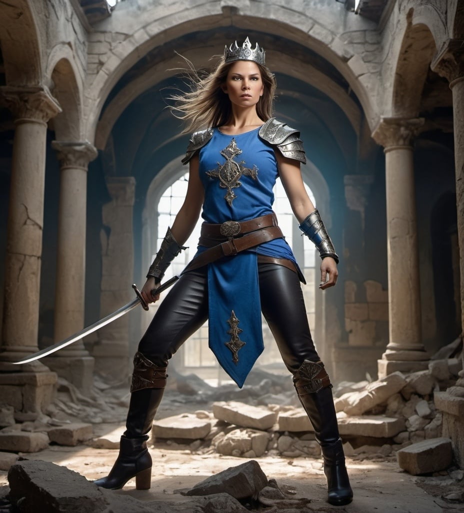 Prompt: Splash art of a thin strong middle-aged warrior woman wearing blue tunic black leather pants small crown and wielding two curved swords standing in a ruin, embroidered symbol on tunic, black leather pants, blue tunic, small crown, armor, brown leather belts, queenly, epic, warrior pose, action pose, regal, action, highly detailed face, heroic fantasy, atmospheric lighting,
