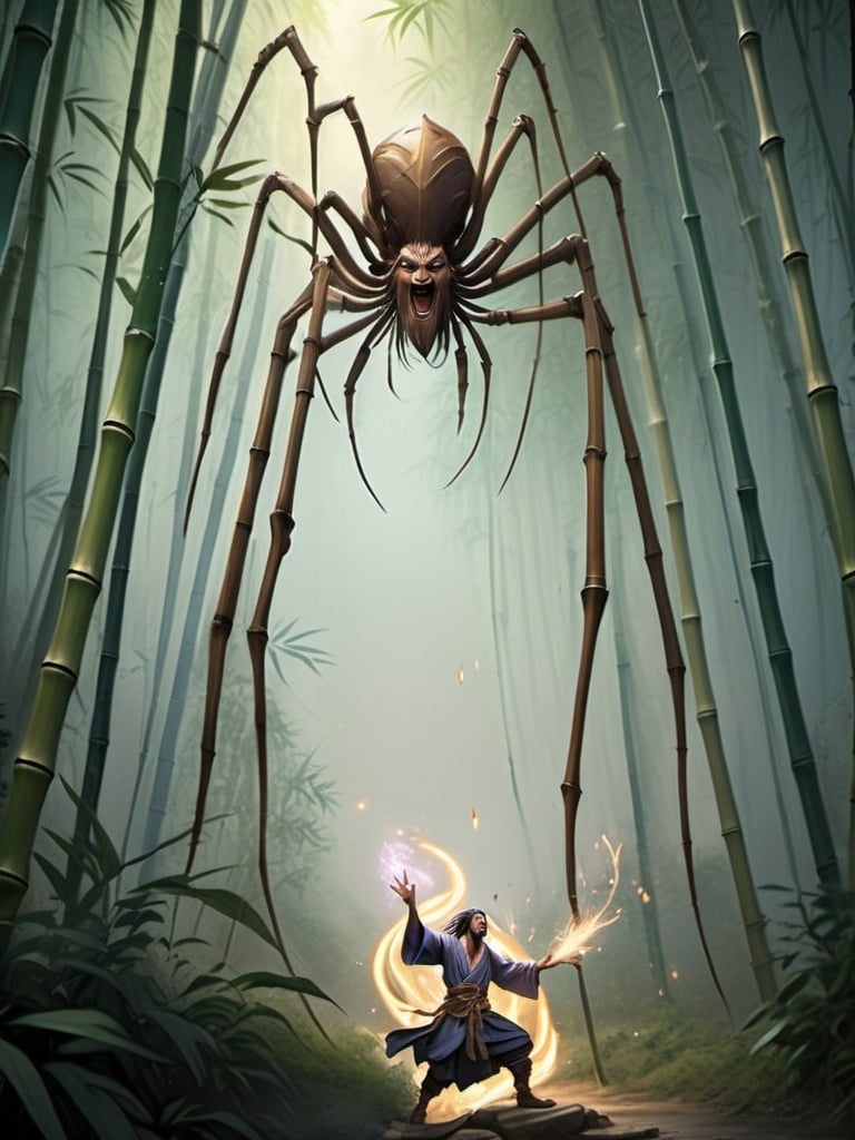 Prompt: Splash art of a male medieval mage casting a spell in a bamboo grove, heroic fantasy, action pose, action, belts, pouches, long hair, highly detailed, Whoopi Goldberg's face, highly detailed face, atmospheric lighting.
