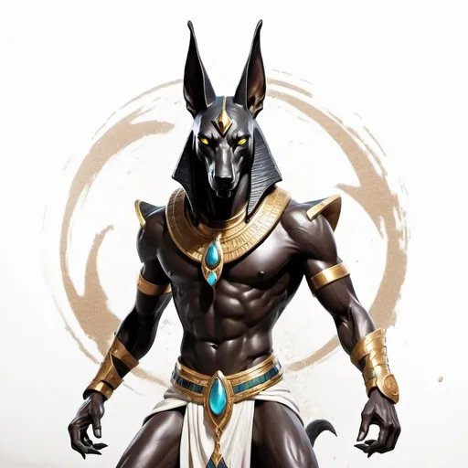 Prompt: Splash art of powerful magical Anubis on a white background, ankh, epic, confident, action pose, fighting pose, magical mana swirling,  highly detailed face, heroic fantasy, atmospheric lighting,
