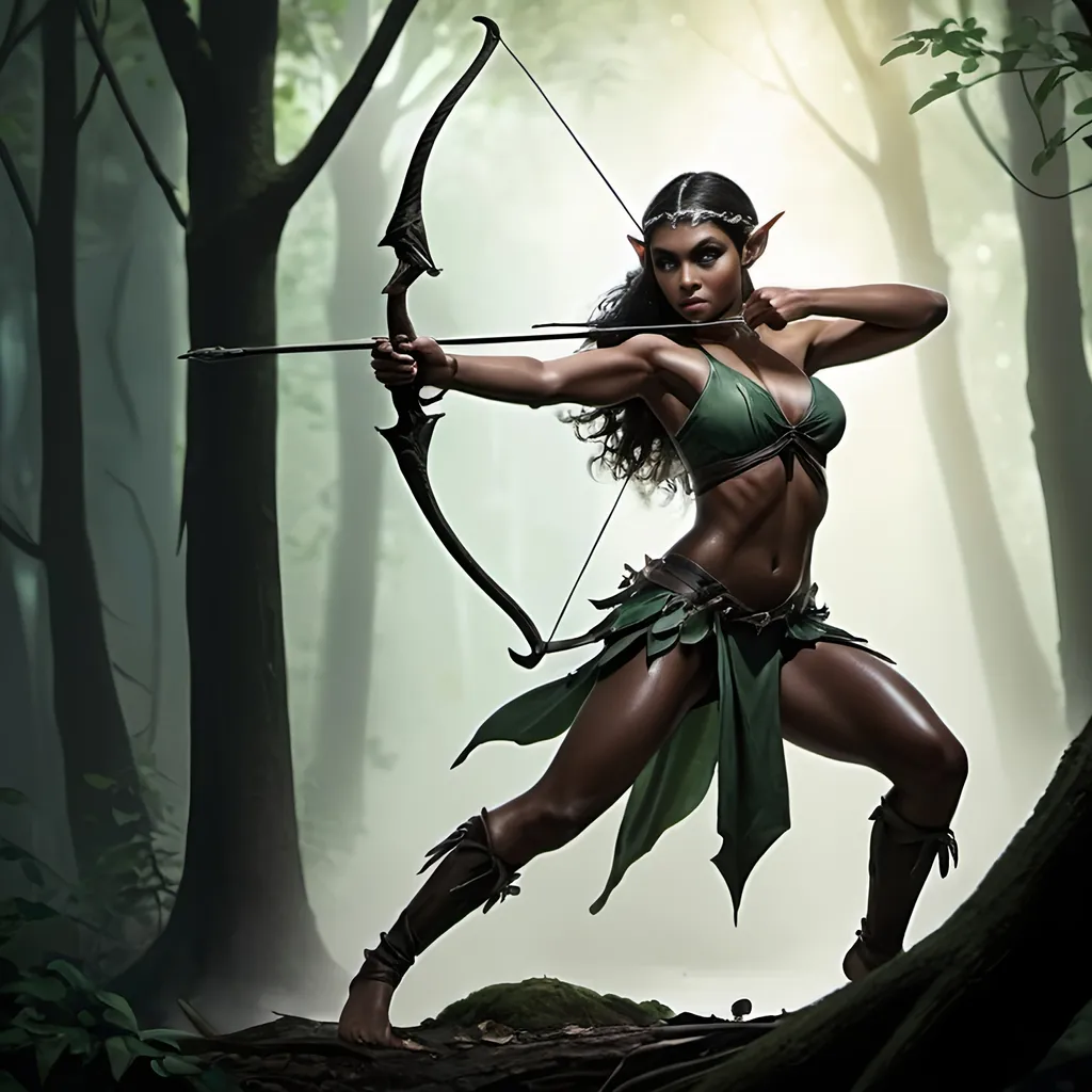 Prompt: Splash art of a beautiful Latina elf goddess of hunting wielding a black bow and hiding in a dark forest, action pose, acrobatic, legs apart, action, dark skin, heroic fantasy, atmospheric lighting,
