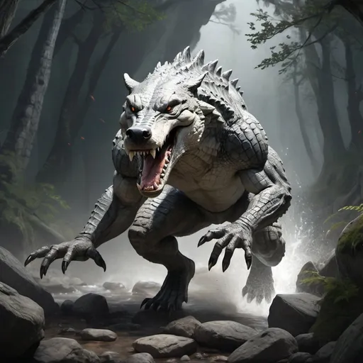 Prompt: Splash art of a gray crocodile body with a wolf head running through a rocky forest, action pose, action, fast, heroic fantasy, medieval scene, creature concept art, atmospheric lighting.
