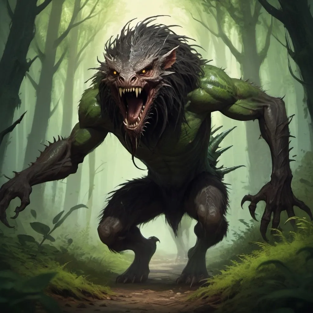 Prompt: Splash art of a long skinny slender dark colored hairy beast with a lizard head standing running through a green forest, hairy beast, action pose, action, spines, thorns, fangs, fast, heroic fantasy, medieval scene, creature concept art, atmospheric lighting.
