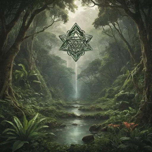 Prompt:  album cover with a jungle landscape and sacred geometry  for an artist named AMBIQUE