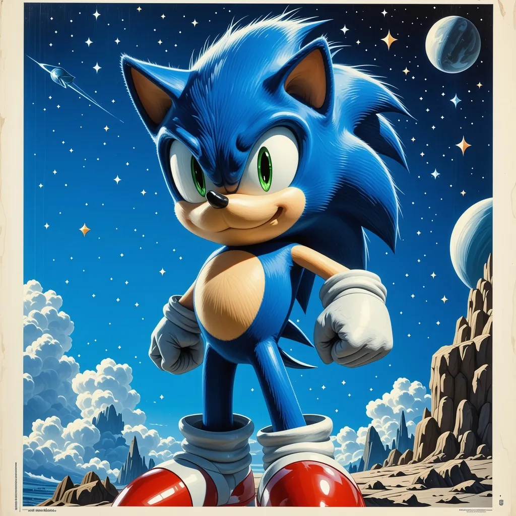 Prompt: a sonic the hedgehog poster with a blue sky background and stars and planets in the background, and a blue and white background, Chris LaBrooy, sots art, key art, poster art