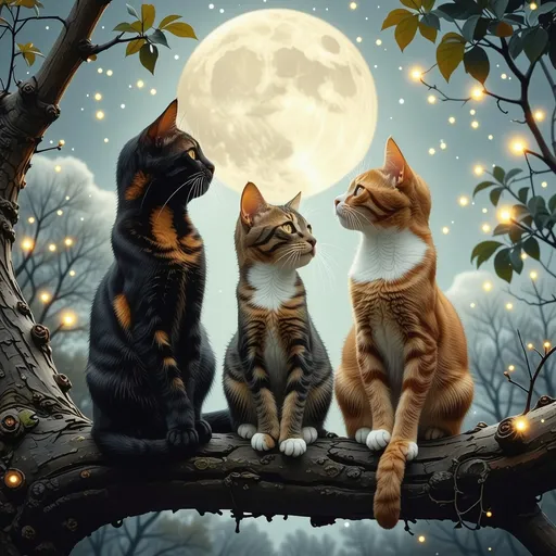 Prompt: 3 cats sitting together outside on a tree branch, one cat is a calico, the second cat is a brindle tabby, and the third cat is an orange and white tuxedo cat, all watching the moon in the summertime with fireflies dancing around them, 