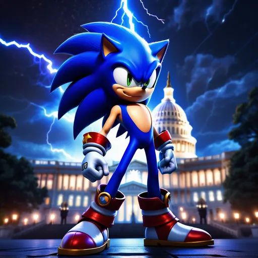 Prompt: (swashbuckling sonic character), standing boldly in front of the (illuminated Capitol building), nighttime setting, (dramatic atmosphere), vibrant (lightning bolt) illuminating the scene, creating a striking contrast against a starry sky, (impactful shock art style), impactful (official art), detailed (concept art), 4K resolution, ultra-detailed visuals, dynamic pose, captivating shadows and light interplay.