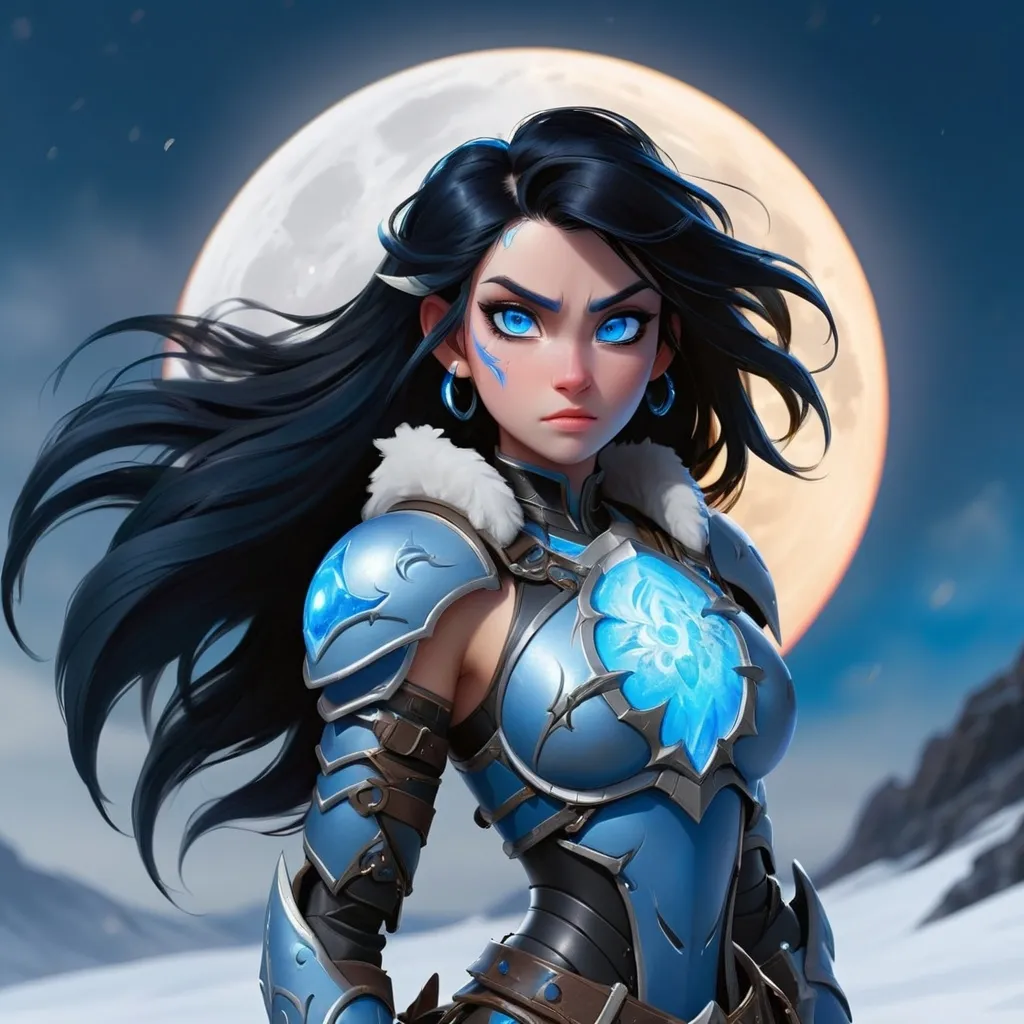 Prompt: Au Ra girl, with blue face jewelry, black hair and blue tips, Blue eyes, and a glowing blue limbal ring. Wearing dragoon armour without her helmet, snow blowing around her, a full moon behind her and her lance on her back. 