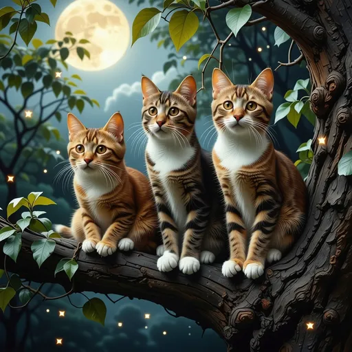 Prompt: (three cats) sitting on a tree branch, calico, brindle tabby, orange and white tuxedo, (moonlit night), warm summer night, surrounded by (glowing fireflies), serene atmosphere, soft, magical ambiance, (highly detailed, ultra-detailed), natural textures of fur gleaming under moonlight, tranquil scene in a radiant night sky, lush green leaves in the background.