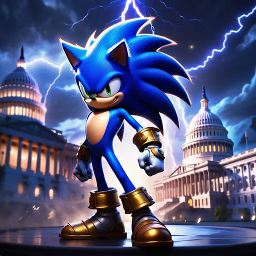 Prompt: (swashbuckling sonic character), standing boldly in front of the (illuminated Capitol building), nighttime setting, (dramatic atmosphere), vibrant (lightning bolt) illuminating the scene, creating a striking contrast against a starry sky, (impactful shock art style), impactful (official art), detailed (concept art), 4K resolution, ultra-detailed visuals, dynamic pose, captivating shadows and light interplay.