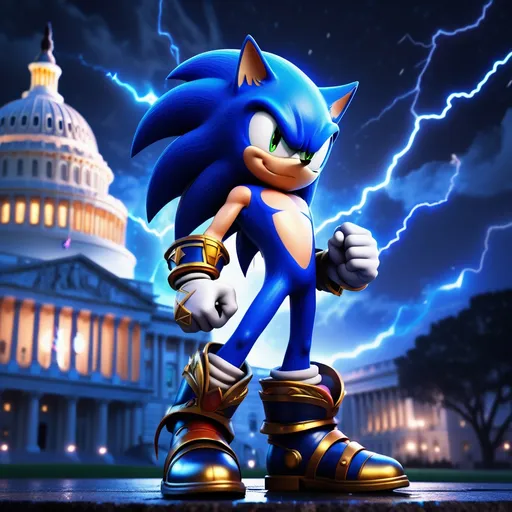 Prompt: (swashbuckling sonic character), standing boldly in front of the (illuminated Capitol building), nighttime setting, (dramatic atmosphere), vibrant (lightning bolt) illuminating the scene, creating a striking contrast against a starry sky, (impactful shock art style), impactful (official art), detailed (concept art), 4K resolution, ultra-detailed visuals, dynamic pose, captivating shadows and light interplay.