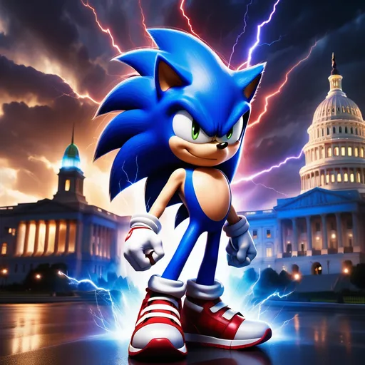 Prompt: (sonic the hedgehog character) standing heroically in front of the majestic capitol building, illuminated by dramatic (night sky) lighting, powerful lightning bolt striking in the background, intense and vibrant colors, (shock art) style, blending official and concept art elements, high quality, ultra-detailed, cinematic ambiance, evoking excitement and power.