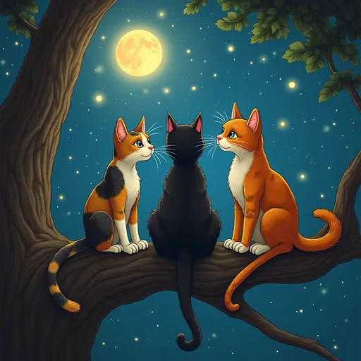 Prompt: 3 cats sitting together outside on a tree branch, one cat is a calico, the second cat is a brindle tabby, and the third cat is an orange and white tuxedo cat, all watching the moon in the summertime with fireflies dancing around them, 