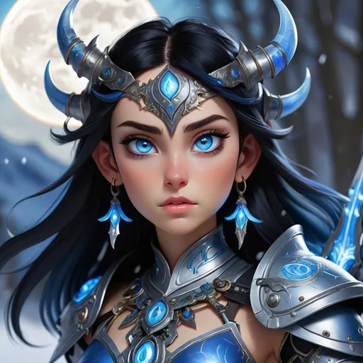 Prompt: Au Ra girl, (striking features) with elaborate (blue face jewelry), (black hair with blue tips), and (glowing blue limbal rings) in her expressive (blue eyes). She's clad in (intricate dragoon armor), helmet absent, standing amid (whirling snow) with a (full moon) illuminating the scene behind her and her (lance secured on her back). The ambiance is mystical and vibrant, showcasing a high-quality, ultra-detailed fantasy scene.