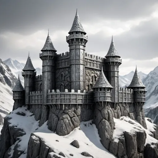 Prompt: Fortress made of pure silver metal in a style reminiscent of skyrim