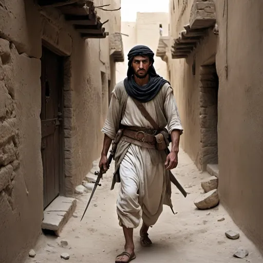 Prompt: A 7th century Arab fighter on the battlefield, battle-scarred, tired and alone, trapped in an alley by his enemies.