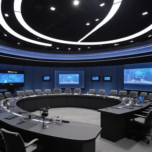 Prompt: Government meeting broadcast, professional attire, high-tech setup, cameras, video, microphones, technology, official setting, professional lighting, modern, detailed equipment, government officials, best quality, highres, ultra-detailed, technology, professional attire, modern setting, official atmosphere, detailed microphones, broadcast setup, professional, atmospheric lighting