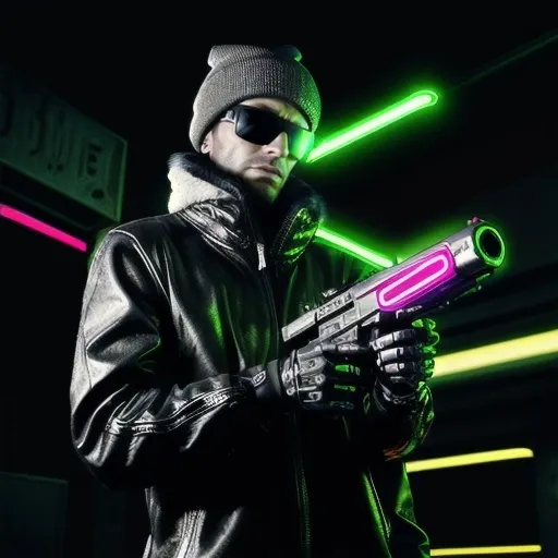 Prompt: (Cybernetic man), (wearing a beanie hat and sunglasses), confidently holding a massive pistol, in a futuristic urban backdrop, glowing neon signs, dark and moody atmosphere, ambient lighting, cool tones, detailed mechanical enhancements, feeling of rebellion and edginess, high-quality 4K resolution, ultra-detailed elements.