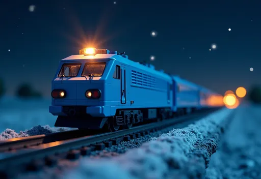 Prompt: (LEGO bricks), a blue train traveling down tracks under a night sky filled with stars and a bright light on the top of it, Alson S. Clark, american romanticism, award - winning photography, a microscopic photo,