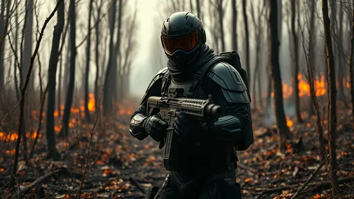 Prompt: futuristic man in (black plasticky armor), holding (futuristic rifle), in a (burnt forest), (charred trees) and (smoldering foliage) all around, (high contrast visuals), bright and gritty atmosphere, (vibrant colors), (cinematic) widescreen format, (highly detailed), intense and somber mood, reflecting a post-apocalyptic setting, (dynamic composition).