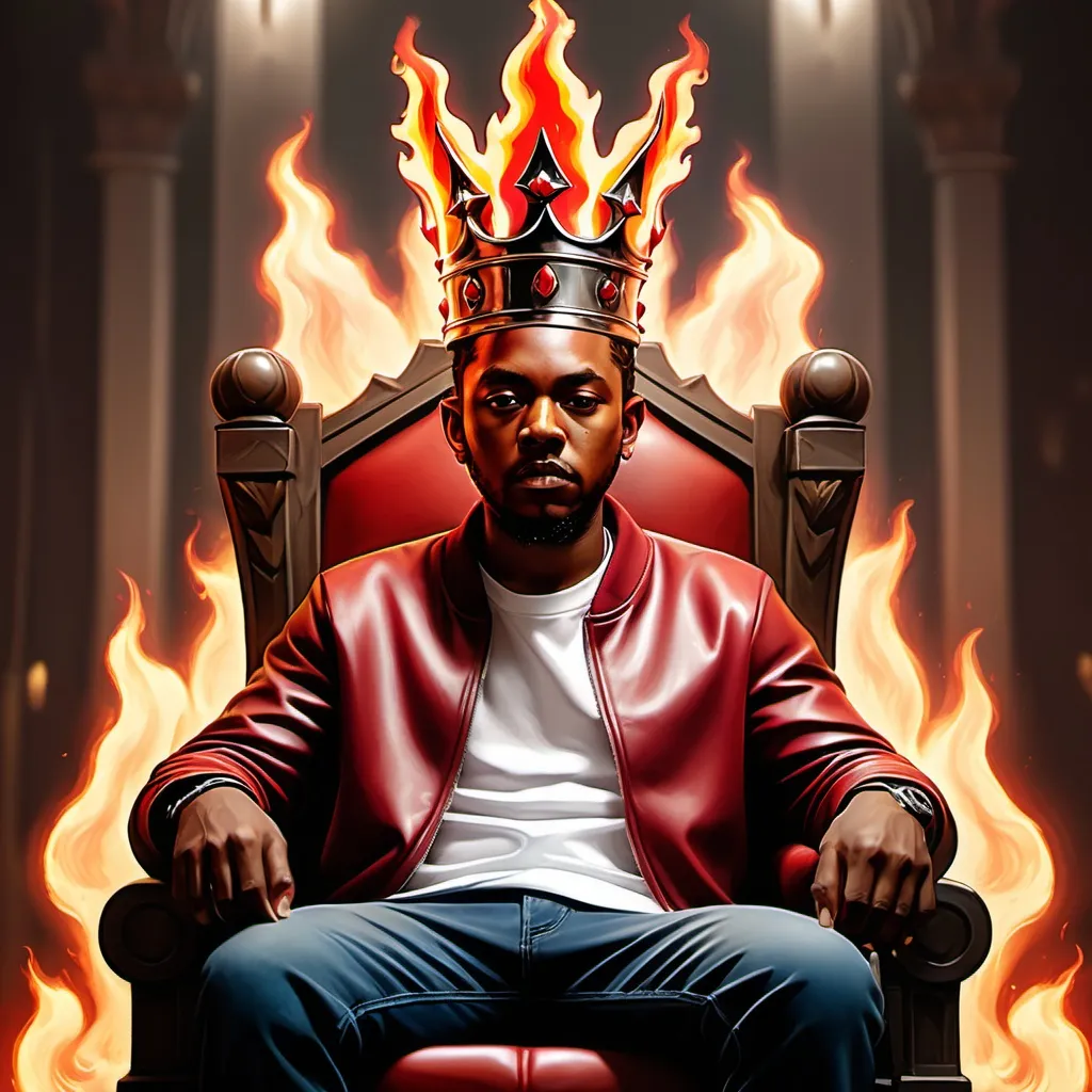 Prompt: hyper-realistic Kendrick Lamar  character with a flaming red crown, fantasy character art, illustration, dnd, warm tone, on a throne,  next to 