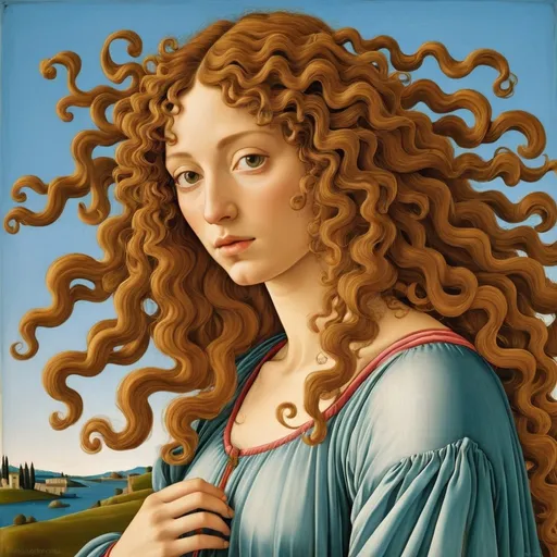 Prompt: Sandro Botticelli style woman with curly hair, early Renaissance, mythological, linear, vibrant