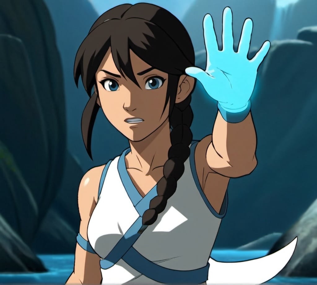 Prompt: Female avatar in a water tribe outfit. Aged 14. Modern. Anime style. Avatar the last air bender