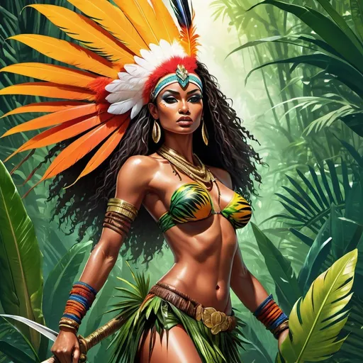 Prompt: Editorial fashion illustration of a fierce warrior woman, tropical birds of paradise inspired clothing, feathered hair, action pose, jungle background, lush greenery, tall and lean, spear in hand, detailed facial features, highres, vibrant colors, fashion illustration, powerful stance, intense gaze, professional, tropical, exotic, dynamic lighting