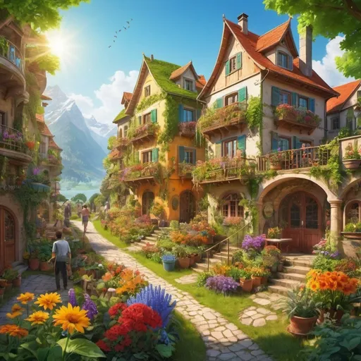 Prompt: beautiful fantasy society, idyllic nature centric world, people living in harmony with nature, beautiful sunny day growing food, vibrant colors, plants, flowers, beautiful architecture,  eco-centric architecture, eco-centric society 